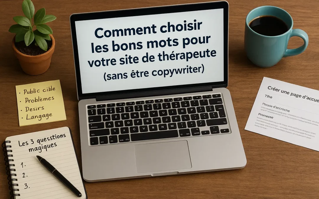Choisir les bons mots pour son site de thérapeute – image d’un bureau inspirant avec ordinateur, carnet et fiche rédactionnelle