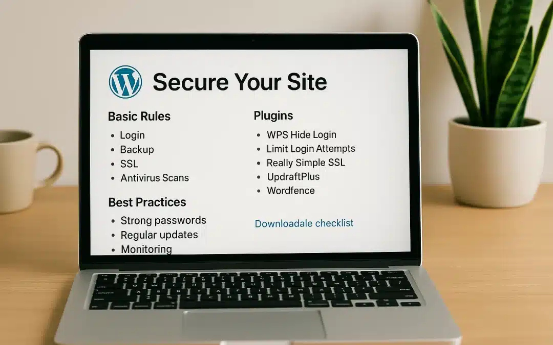 Ordinateur portable affichant les règles de sécurité WordPress essentielles avec liste de plugins recommandés et bonnes pratiques de cybersécurité.