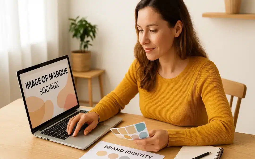 Femme coach assise à son bureau, travaillant sur une identité visuelle cohérente avec palette de couleurs et ordinateur portable affichant “Image de marque sociaux”.