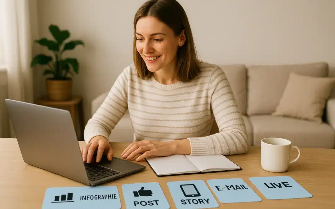 Thérapeute travaillant sur un ordinateur portable avec différentes idées de contenu affichées : article, infographie, post, story, e-mail et live.