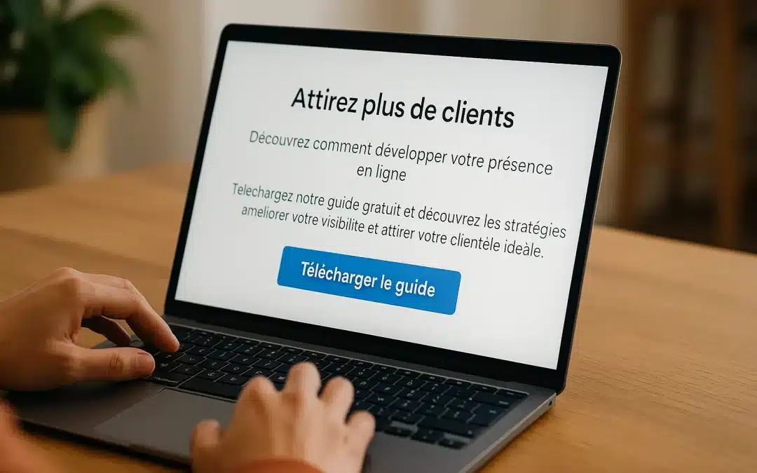 Une personne clique sur le bouton « Télécharger le guide » affiché sur un site web en français.