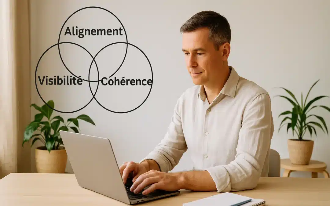 Thérapeute assis à un bureau lumineux, travaillant sur un ordinateur portable avec un schéma mural représentant les mots “Alignement”, “Visibilité” et “Cohérence”.
