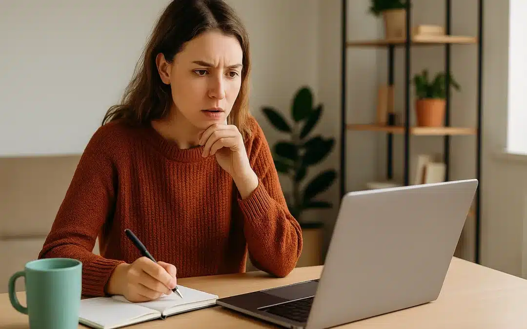 Thérapeute assise à son bureau, réfléchissant à sa stratégie de communication en ligne devant son ordinateur portable, lumière naturelle et ambiance inspirante.