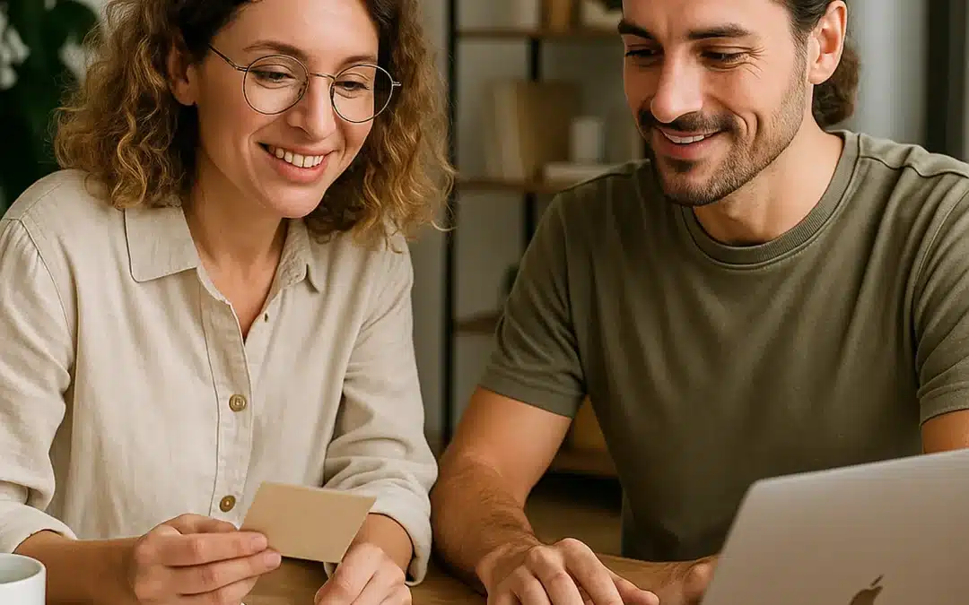 Deux thérapeutes planifiant leur stratégie de communication digitale sur Facebook et Instagram depuis un bureau lumineux avec ordinateur portable et carnet de notes.