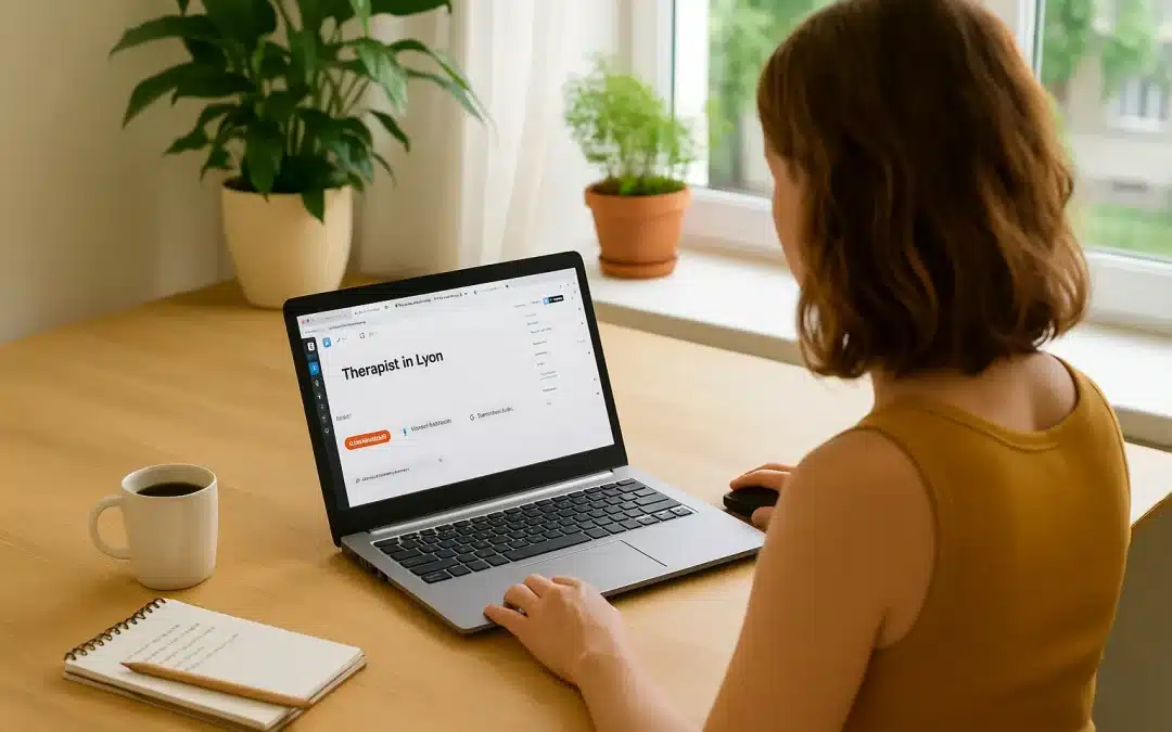 Thérapeute travaillant sur son site WordPress pour améliorer son référencement naturel grâce à une recherche de mots-clés longue traîne.