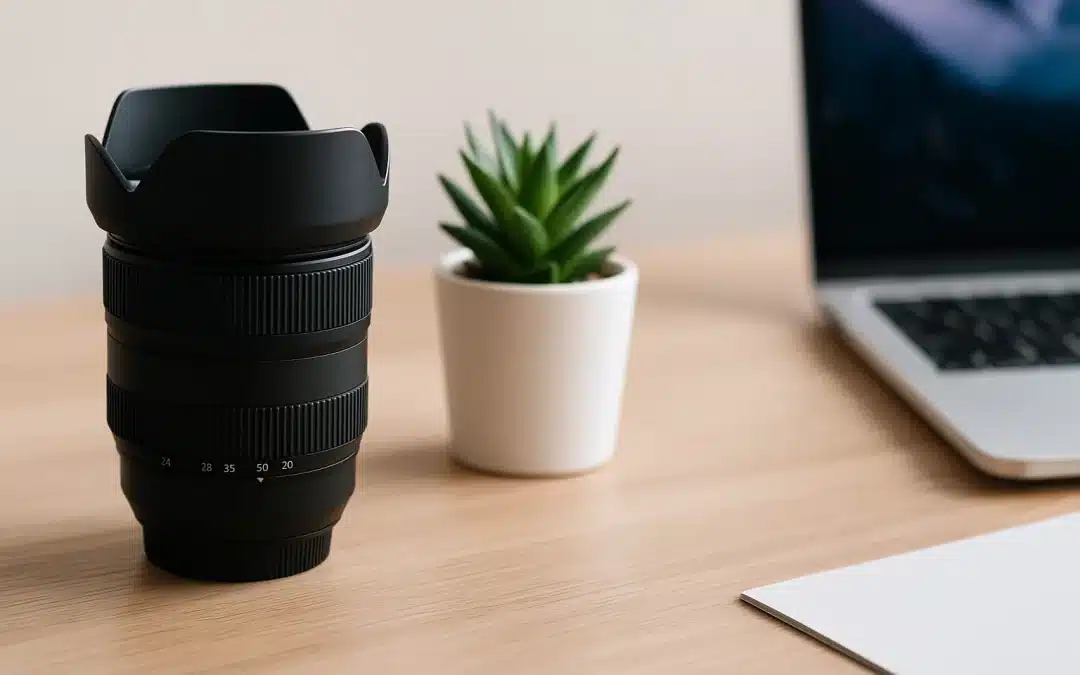 Bureau lumineux avec ordinateur portable ouvert sur WordPress, plante verte et ambiance professionnelle naturelle